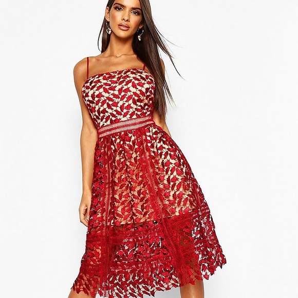 Boohoo Red Corded Lace Skater Dress - Picture 1 of 8